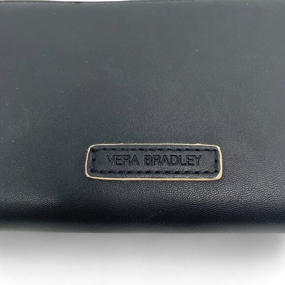 Vera Bradley Zip Around Accordion Style Leather Wallet Black w/Bl & Wh Leather - Picture 4 of 8